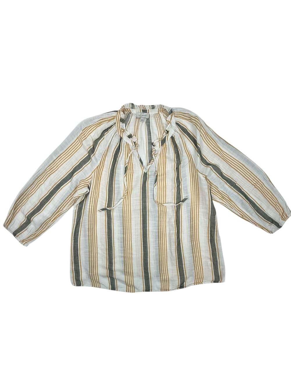 Lucky Brand Striped Ruffle V-Neck Tie Front Popover Blouse L